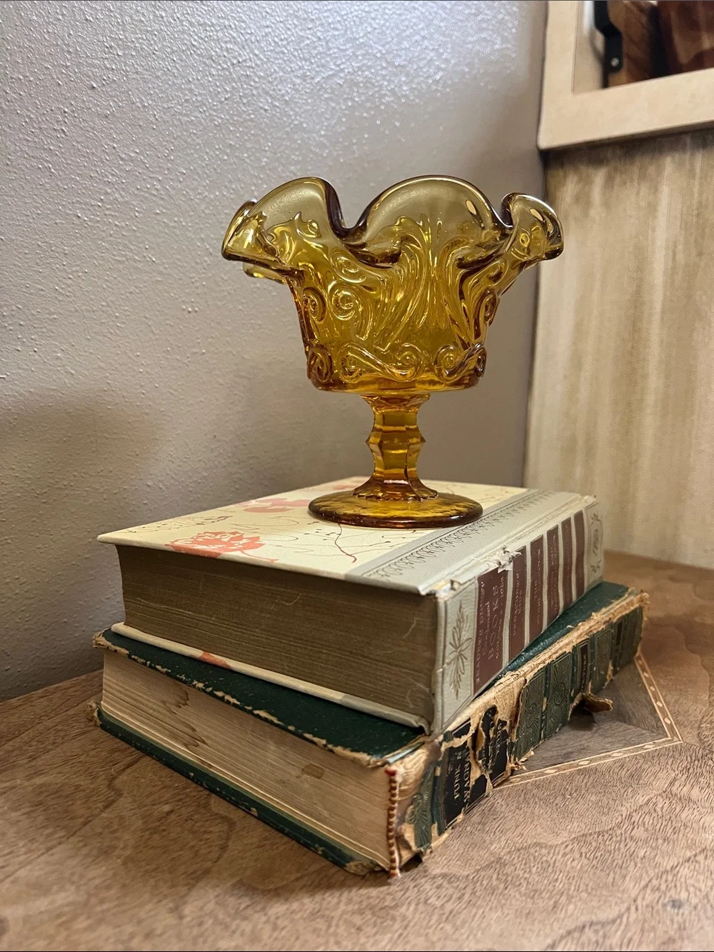 Vintage Amber Glass Compote Pedestal Bowl - Home Accents